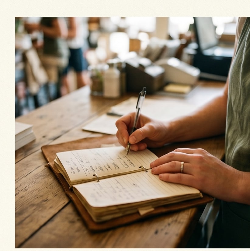 A hand writing in a leather-bound order book on a wooden counter