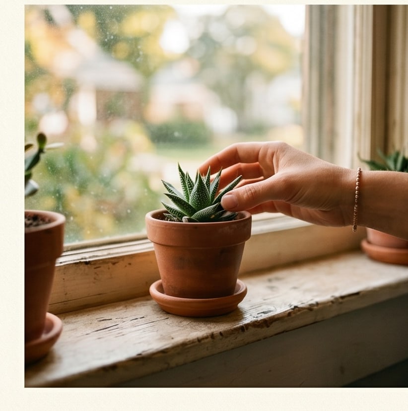 A hand tending a small potted plant on a sunlit windowsill