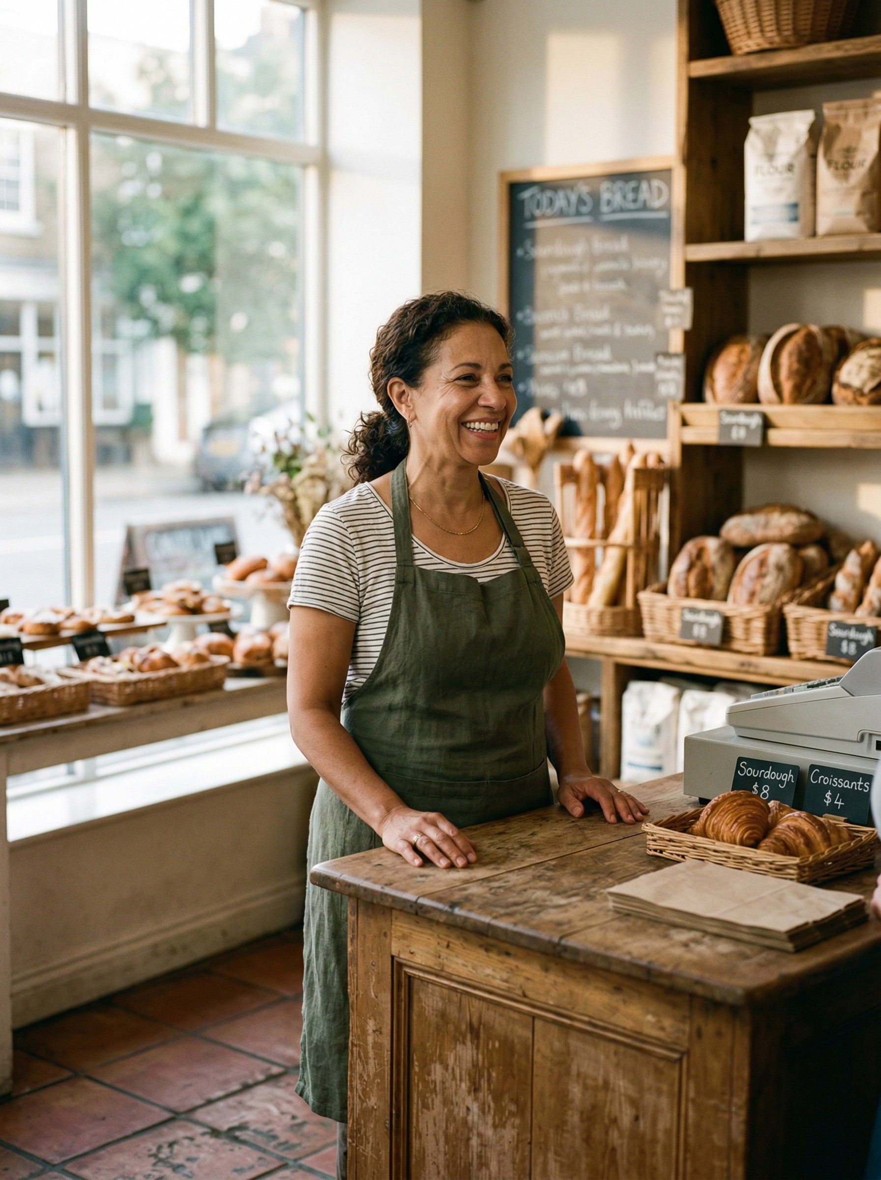 Bakery owner in a linen apron laughing behind her wooden counter, shelves of sourdough behind her