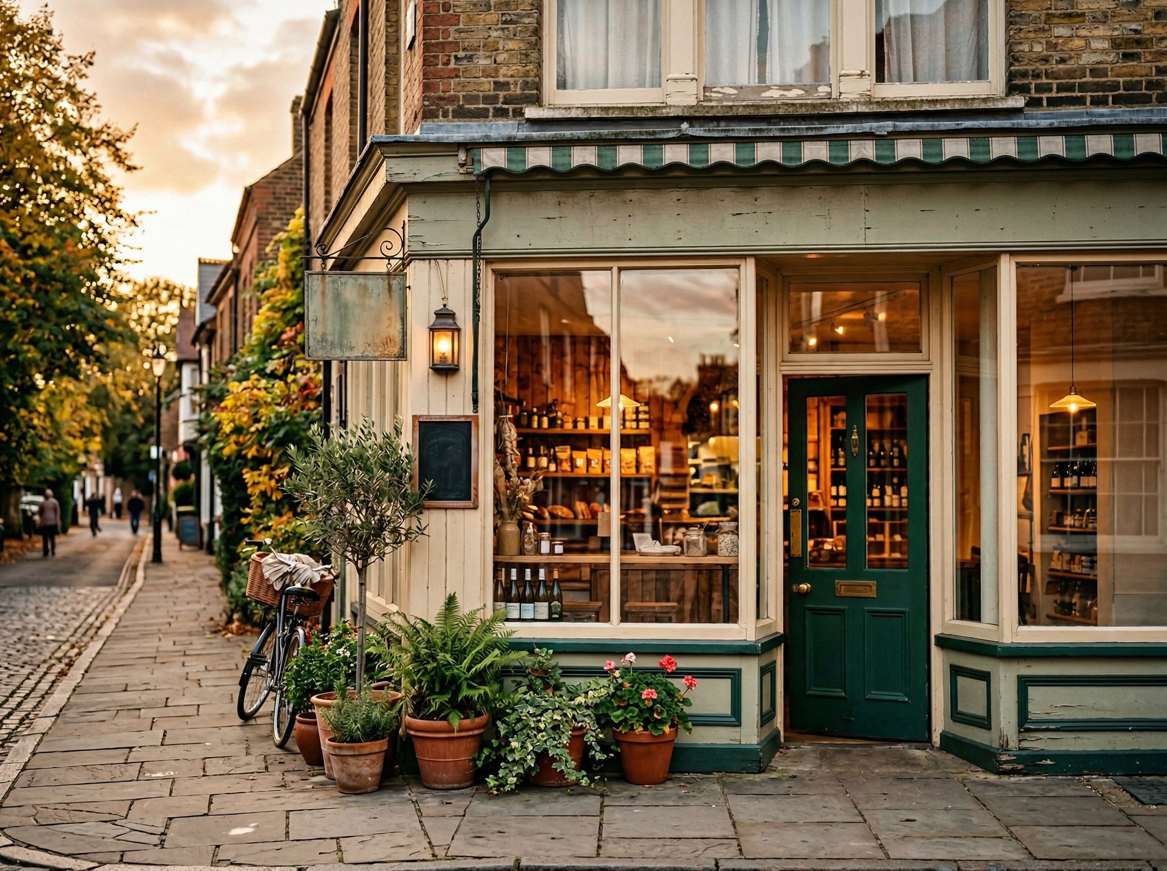A painted wooden neighborhood storefront at golden hour with potted plants on the sidewalk